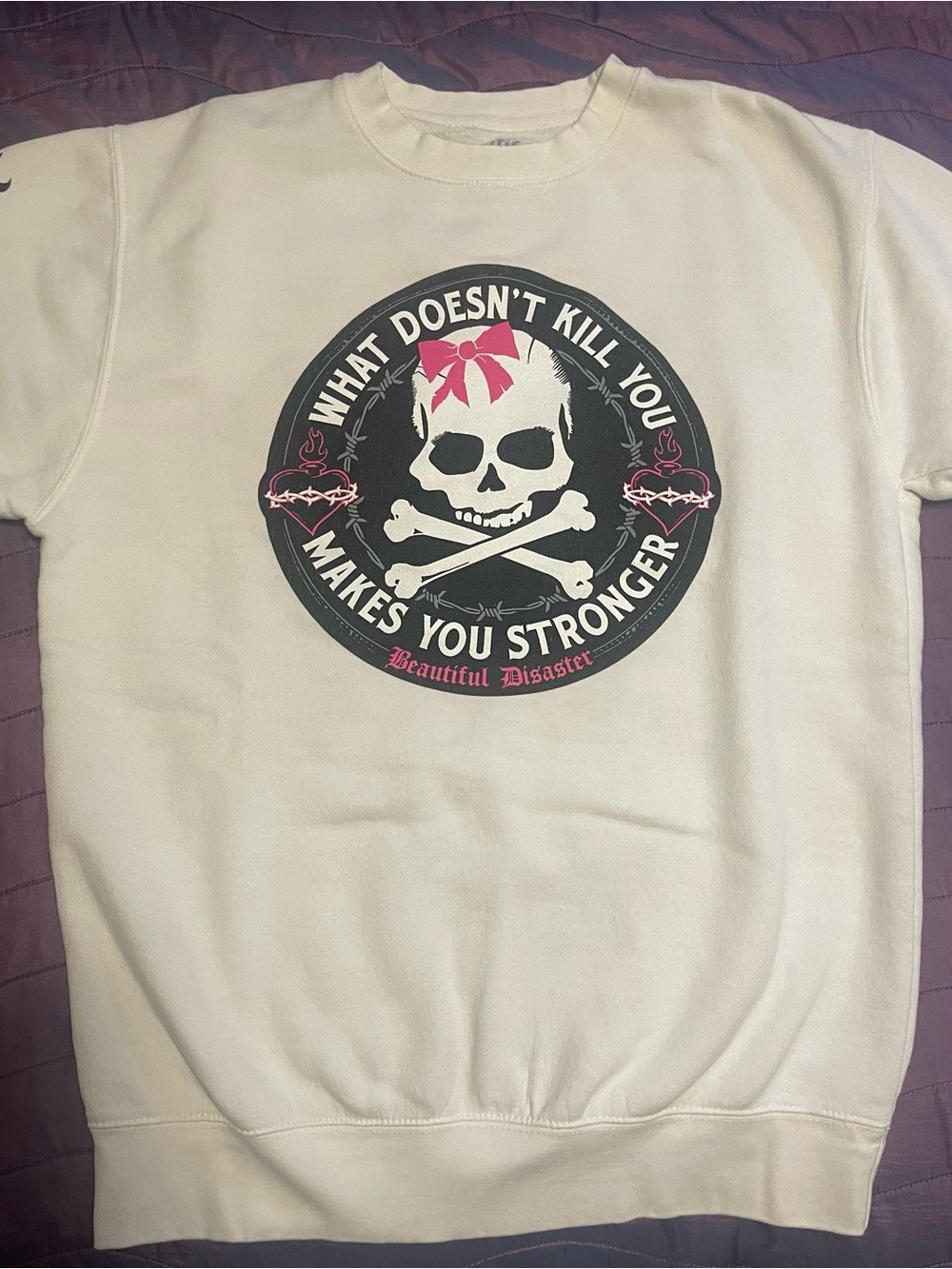 Beautiful Disaster White Sweatshirt with Pink Skull Graphic